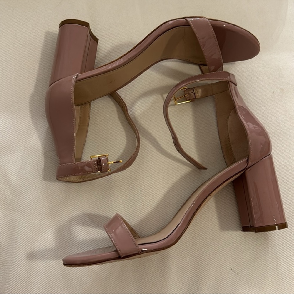 Stuart Weitzman “Less Nudist 75” Patent Leather Block Heel Sandals, Sz 9M - Picture 3 of 11